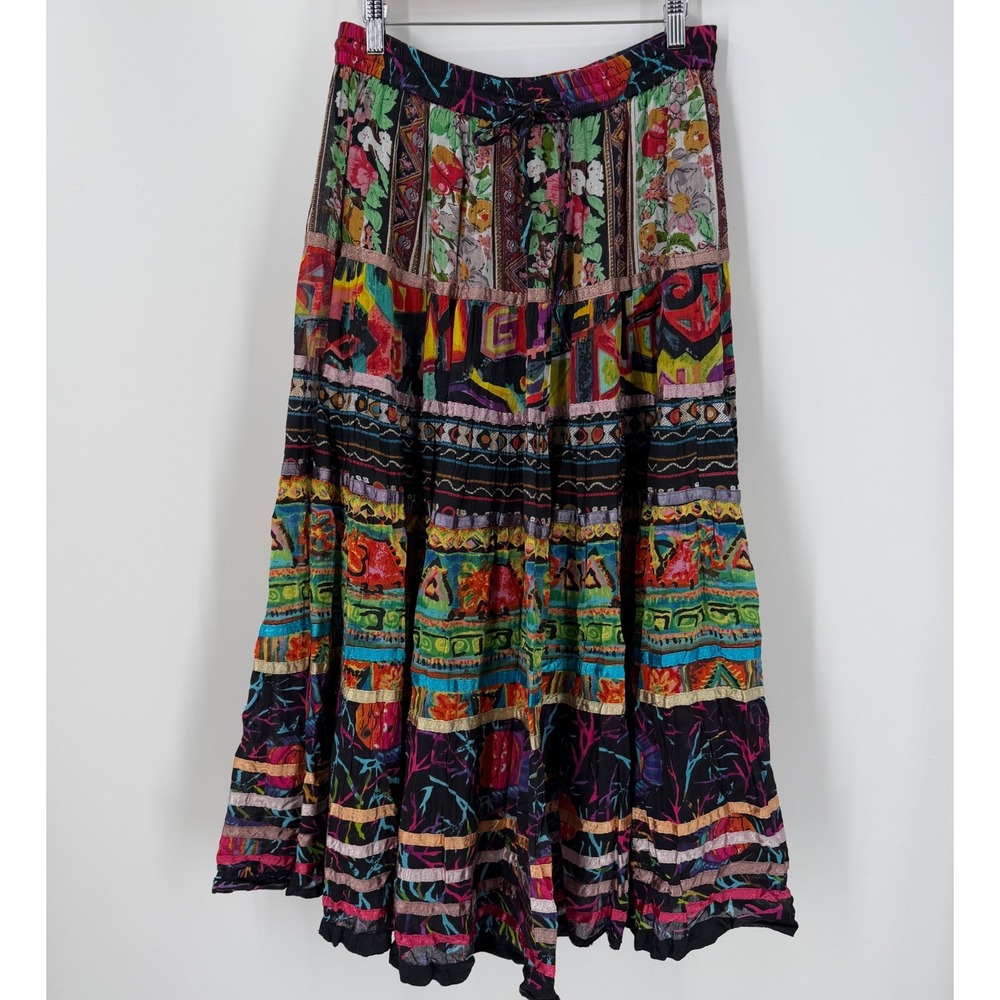 TravelSmith Patchwork Artsy Boho Tiered Maxi Skirt 100% Cotton Womens Medium